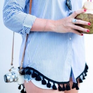 Zara Striped High Low Tassel Hem Button Down Shirt